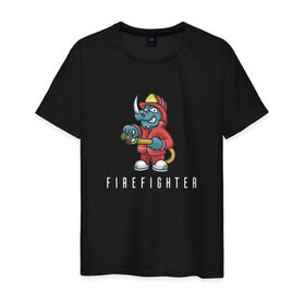 Мужская футболка хлопок с принтом Пожарный в Петрозаводске, 100% хлопок | прямой крой, круглый вырез горловины, длина до линии бедер, слегка спущенное плечо. | fire | firefighter | борец с огнем | для пожарных | носорог | огонь | пожар | пожарник | пожарный