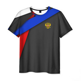 Мужская футболка 3D с принтом RUSSIA SPORT в Петрозаводске, 100% полиэфир | прямой крой, круглый вырез горловины, длина до линии бедер | russia | sport | белый | герб | двуглавый орел | красный | патриот | россия | синий | спорт | спортивные | триколор | униформа
