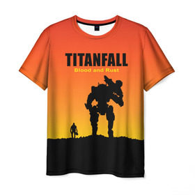 Мужская футболка 3D с принтом Titanfall 2 в Петрозаводске, 100% полиэфир | прямой крой, круглый вырез горловины, длина до линии бедер | blood and rust | game | воин | закат | игра | кровь и ржавчина | робот