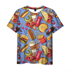 Мужская футболка 3D с принтом Fastfood в Петрозаводске, 100% полиэфир | прямой крой, круглый вырез горловины, длина до линии бедер | chicken | coffee | cola | drink | dunts | eat | fastfood | frenchfires | hotdog | lollypop | pizza | sweets | бургер | еда | кола | кофе | лимонад | напитки | пицца | пончик | фастфуд | хотдог