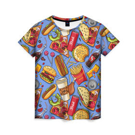 Женская футболка 3D с принтом Fastfood в Петрозаводске, 100% полиэфир ( синтетическое хлопкоподобное полотно) | прямой крой, круглый вырез горловины, длина до линии бедер | chicken | coffee | cola | drink | dunts | eat | fastfood | frenchfires | hotdog | lollypop | pizza | sweets | бургер | еда | кола | кофе | лимонад | напитки | пицца | пончик | фастфуд | хотдог