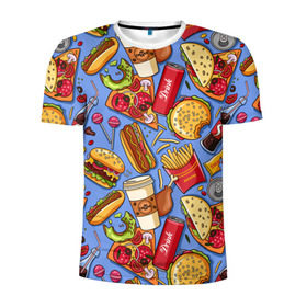 Мужская футболка 3D спортивная с принтом Fastfood в Петрозаводске, 100% полиэстер с улучшенными характеристиками | приталенный силуэт, круглая горловина, широкие плечи, сужается к линии бедра | chicken | coffee | cola | drink | dunts | eat | fastfood | frenchfires | hotdog | lollypop | pizza | sweets | бургер | еда | кола | кофе | лимонад | напитки | пицца | пончик | фастфуд | хотдог