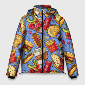 Мужская зимняя куртка 3D с принтом Fastfood в Петрозаводске, верх — 100% полиэстер; подкладка — 100% полиэстер; утеплитель — 100% полиэстер | длина ниже бедра, свободный силуэт Оверсайз. Есть воротник-стойка, отстегивающийся капюшон и ветрозащитная планка. 

Боковые карманы с листочкой на кнопках и внутренний карман на молнии. | Тематика изображения на принте: chicken | coffee | cola | drink | dunts | eat | fastfood | frenchfires | hotdog | lollypop | pizza | sweets | бургер | еда | кола | кофе | лимонад | напитки | пицца | пончик | фастфуд | хотдог