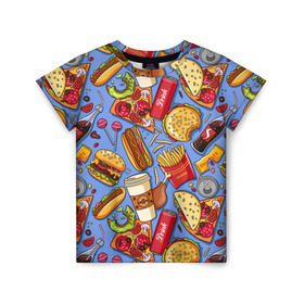 Детская футболка 3D с принтом Fastfood в Петрозаводске, 100% гипоаллергенный полиэфир | прямой крой, круглый вырез горловины, длина до линии бедер, чуть спущенное плечо, ткань немного тянется | Тематика изображения на принте: chicken | coffee | cola | drink | dunts | eat | fastfood | frenchfires | hotdog | lollypop | pizza | sweets | бургер | еда | кола | кофе | лимонад | напитки | пицца | пончик | фастфуд | хотдог