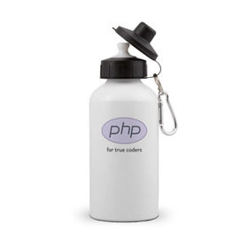 Бутылка спортивная с принтом PHP for true coders в Петрозаводске, металл | емкость — 500 мл, в комплекте две пластиковые крышки и карабин для крепления | Тематика изображения на принте: coder | php | programmer | true | web | веб | программист
