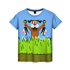 Женская футболка 3D с принтом Duck Hunt в Петрозаводске, 100% полиэфир ( синтетическое хлопкоподобное полотно) | прямой крой, круглый вырез горловины, длина до линии бедер | 8 bit | 8 бит | dendy | dog | duck | hunt | nes | nintendo | oldschool | pixel art | денди | игра | нинтендо | охота | собака