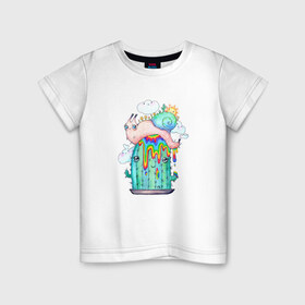 Детская футболка хлопок с принтом Радужная улитка на кактусе в Петрозаводске, 100% хлопок | круглый вырез горловины, полуприлегающий силуэт, длина до линии бедер | весна | кактус | кислотный | лето | милота | милый | мультяшный | насекомые | облака | природа | радуга | растения | солнце