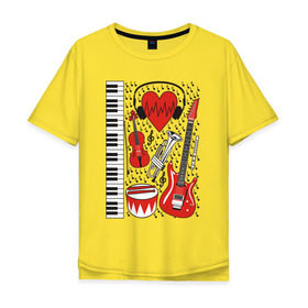 Мужская футболка хлопок Oversize с принтом Музыкальное сердце в Петрозаводске, 100% хлопок | свободный крой, круглый ворот, “спинка” длиннее передней части | Тематика изображения на принте: ансамбль | гитара | клавиши | музыка | музыкальные инструменты | ноты | скрипка | три цвета | труба | флейта | фортепиано
