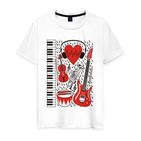 Мужская футболка хлопок с принтом Музыкальное сердце в Петрозаводске, 100% хлопок | прямой крой, круглый вырез горловины, длина до линии бедер, слегка спущенное плечо. | ансамбль | гитара | клавиши | музыка | музыкальные инструменты | ноты | скрипка | три цвета | труба | флейта | фортепиано