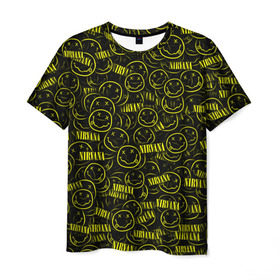 Мужская футболка 3D с принтом Нирвана в Петрозаводске, 100% полиэфир | прямой крой, круглый вырез горловины, длина до линии бедер | grunge | kurt cobain | гранж | курт кобейн | паттерн | смайл