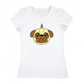Женская футболка хлопок с принтом Мопс единорог в Петрозаводске, 100% хлопок | прямой крой, круглый вырез горловины, длина до линии бедер, слегка спущенное плечо | единорог | мопс | радуга | рог | собака | щенок