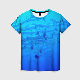 Женская футболка 3D с принтом Морская фауна в Петрозаводске, 100% полиэфир ( синтетическое хлопкоподобное полотно) | прямой крой, круглый вырез горловины, длина до линии бедер | fish | fishes | pisces | море | морские обитатели | морской | океан | рыбы