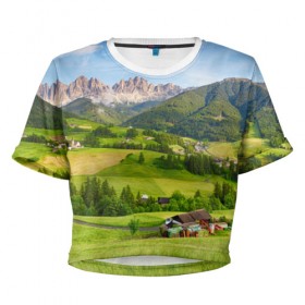 Женская футболка 3D укороченная с принтом Альпы в Петрозаводске, 100% полиэстер | круглая горловина, длина футболки до линии талии, рукава с отворотами | австрия | альпы | германия | горный хребет | горы | италия | красота | лес | лихтенштейн | луг | пейзаж | природа | простор | раздолье | словения | франция | швейцария