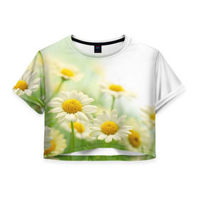 Женская футболка 3D укороченная с принтом Полевые ромашки в Петрозаводске, 100% полиэстер | круглая горловина, длина футболки до линии талии, рукава с отворотами | луг | поле | цветы