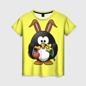 Женская футболка 3D с принтом Пасхальный пингвин в Петрозаводске, 100% полиэфир ( синтетическое хлопкоподобное полотно) | прямой крой, круглый вырез горловины, длина до линии бедер | весна | кролик | пасха | пингвин | праздники | яйцо