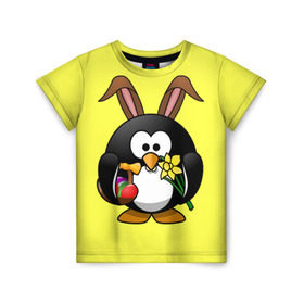 Детская футболка 3D с принтом Пасхальный пингвин в Петрозаводске, 100% гипоаллергенный полиэфир | прямой крой, круглый вырез горловины, длина до линии бедер, чуть спущенное плечо, ткань немного тянется | весна | кролик | пасха | пингвин | праздники | яйцо