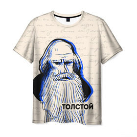 Мужская футболка 3D с принтом Лев Толстой в Петрозаводске, 100% полиэфир | прямой крой, круглый вырез горловины, длина до линии бедер | 