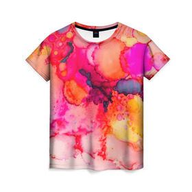 Женская футболка 3D с принтом Весенние краски в Петрозаводске, 100% полиэфир ( синтетическое хлопкоподобное полотно) | прямой крой, круглый вырез горловины, длина до линии бедер | abstraction | color | spray | tie dye | абстракция | акварель | брызги красок | живопись | искусство | капли капли | краски | текстуры | цветные краски | яркие цвета