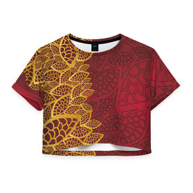 Женская футболка 3D укороченная с принтом Золотое на Красном в Петрозаводске, 100% полиэстер | круглая горловина, длина футболки до линии талии, рукава с отворотами | абстракция | золото | цветы