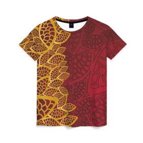 Женская футболка 3D с принтом Золотое на Красном в Петрозаводске, 100% полиэфир ( синтетическое хлопкоподобное полотно) | прямой крой, круглый вырез горловины, длина до линии бедер | абстракция | золото | цветы