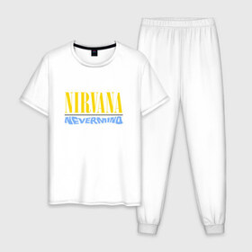 Мужская пижама хлопок с принтом Nirvana nevermino в Петрозаводске, 100% хлопок | брюки и футболка прямого кроя, без карманов, на брюках мягкая резинка на поясе и по низу штанин
 | cobain | kurt | nevermino | nirvana | альтернативный | гранж | грол | группа | дональд | кобейн | курт | музыка | надпись | нервана | нирвана | новоселич | певец | рок | смайл | смайлик | солист