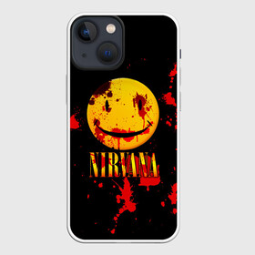 Чехол для iPhone 13 mini с принтом Nirvana в Петрозаводске,  |  | cobain | kurt | nevermino | nirvana | альтернативный | гранж | грол | группа | дональд | кобейн | курт | музыка | надпись | нервана | нирвана | новоселич | певец | рок | смайл | смайлик | солист