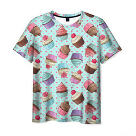 Мужская футболка 3D с принтом Милые кексики в Петрозаводске, 100% полиэфир | прямой крой, круглый вырез горловины, длина до линии бедер | Тематика изображения на принте: cupcake | deliciouse | lollipop | strawberry | sweets | yummy | вкусняшки | еда | капкейк | капкейки | клубника | конфета | леденец | сладости | черника