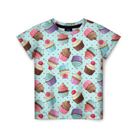 Детская футболка 3D с принтом Милые кексики в Петрозаводске, 100% гипоаллергенный полиэфир | прямой крой, круглый вырез горловины, длина до линии бедер, чуть спущенное плечо, ткань немного тянется | cupcake | deliciouse | lollipop | strawberry | sweets | yummy | вкусняшки | еда | капкейк | капкейки | клубника | конфета | леденец | сладости | черника