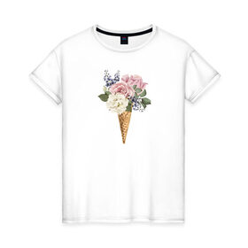 Женская футболка хлопок с принтом Цветочное мороженое в Петрозаводске, 100% хлопок | прямой крой, круглый вырез горловины, длина до линии бедер, слегка спущенное плечо | 