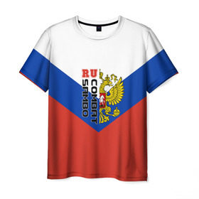 Мужская футболка 3D с принтом Combat sambo RU в Петрозаводске, 100% полиэфир | прямой крой, круглый вырез горловины, длина до линии бедер | герб | россии | самбо