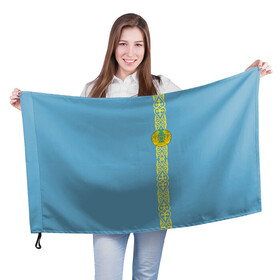 Флаг 3D с принтом Казахстан, лента с гербом в Петрозаводске, 100% полиэстер | плотность ткани — 95 г/м2, размер — 67 х 109 см. Принт наносится с одной стороны | kaz | kazakhstan | kz | герб | казахстан | орнамент | флаг
