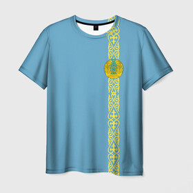 Мужская футболка 3D с принтом Казахстан, лента с гербом в Петрозаводске, 100% полиэфир | прямой крой, круглый вырез горловины, длина до линии бедер | kaz | kazakhstan | kz | герб | казахстан | орнамент | флаг