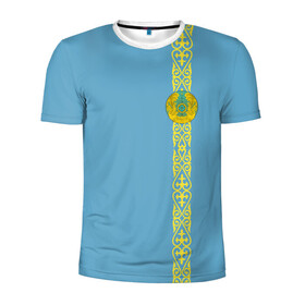 Мужская футболка 3D спортивная с принтом Казахстан, лента с гербом в Петрозаводске, 100% полиэстер с улучшенными характеристиками | приталенный силуэт, круглая горловина, широкие плечи, сужается к линии бедра | kaz | kazakhstan | kz | герб | казахстан | орнамент | флаг