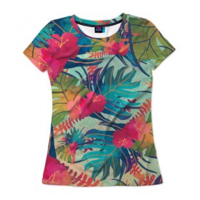 Женская футболка 3D с принтом Тропический в Петрозаводске, 100% полиэфир ( синтетическое хлопкоподобное полотно) | прямой крой, круглый вырез горловины, длина до линии бедер | весна | джунгли | для весны | для лета | лес | лето | листья | текстура | тропики | цветы