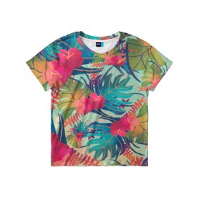 Детская футболка 3D с принтом Тропический в Петрозаводске, 100% гипоаллергенный полиэфир | прямой крой, круглый вырез горловины, длина до линии бедер, чуть спущенное плечо, ткань немного тянется | весна | джунгли | для весны | для лета | лес | лето | листья | текстура | тропики | цветы