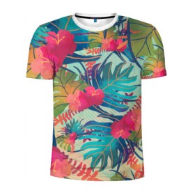 Мужская футболка 3D спортивная с принтом Тропический в Петрозаводске, 100% полиэстер с улучшенными характеристиками | приталенный силуэт, круглая горловина, широкие плечи, сужается к линии бедра | весна | джунгли | для весны | для лета | лес | лето | листья | текстура | тропики | цветы