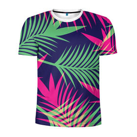 Мужская футболка 3D спортивная с принтом Листья Пальмы в Петрозаводске, 100% полиэстер с улучшенными характеристиками | приталенный силуэт, круглая горловина, широкие плечи, сужается к линии бедра | весна | джунгли | для весны | для лета | лес | лето | листья | текстура | тропики | тропический | цветы