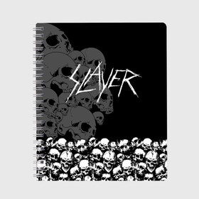 Тетрадь с принтом Slayer Black в Петрозаводске, 100% бумага | 48 листов, плотность листов — 60 г/м2, плотность картонной обложки — 250 г/м2. Листы скреплены сбоку удобной пружинной спиралью. Уголки страниц и обложки скругленные. Цвет линий — светло-серый
 | Тематика изображения на принте: hard | heavy | metal | rock | skull | trash | метал | рок | слеер | слейер | слэер | слэйер | треш | трэш | череп | черепа