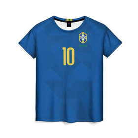 Женская футболка 3D с принтом Неймар 2018 гостевая в Петрозаводске, 100% полиэфир ( синтетическое хлопкоподобное полотно) | прямой крой, круглый вырез горловины, длина до линии бедер | brazil | cup champions | league | neymar | world | бразилия | неймар