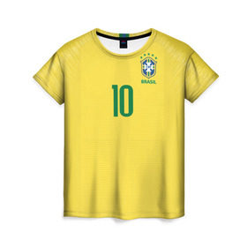 Женская футболка 3D с принтом Неймар 2018 домашняя в Петрозаводске, 100% полиэфир ( синтетическое хлопкоподобное полотно) | прямой крой, круглый вырез горловины, длина до линии бедер | brazil | cup champions | league | neymar | world | бразилия | неймар