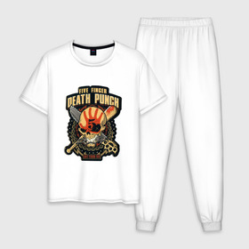Мужская пижама хлопок с принтом Five Finger Death Punch в Петрозаводске, 100% хлопок | брюки и футболка прямого кроя, без карманов, на брюках мягкая резинка на поясе и по низу штанин
 | 5fdp | ffdp | five finger death punch