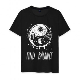 Мужская футболка хлопок с принтом Find balance в Петрозаводске, 100% хлопок | прямой крой, круглый вырез горловины, длина до линии бедер, слегка спущенное плечо. | balance | moon | nature | positive | stars | sun | vibes | баланс | гармония | звезды | инь | луна | небо | природа | символ | солнце | ян