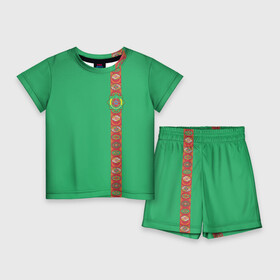 Детский костюм с шортами 3D с принтом Туркменистан, лента с гербом в Петрозаводске,  |  | tkm | tm | trkmenistan | азия | ашхабад | герб | государство | знак | надпись | патриот | полосы | республика | символ | снг | страна | туркмен | туркменистан | туркмения | флаг | флага | цвета