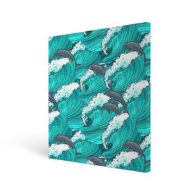 Холст квадратный с принтом Дельфины в Петрозаводске, 100% ПВХ |  | dolphins | fish | ocean | pattern | sea | summer | waves | волны | дельфины | лето | море | океан | паттерн | рыбы