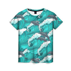 Женская футболка 3D с принтом Дельфины в Петрозаводске, 100% полиэфир ( синтетическое хлопкоподобное полотно) | прямой крой, круглый вырез горловины, длина до линии бедер | dolphins | fish | ocean | pattern | sea | summer | waves | волны | дельфины | лето | море | океан | паттерн | рыбы