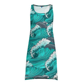 Платье-майка 3D с принтом Дельфины в Петрозаводске, 100% полиэстер | полуприлегающий силуэт, широкие бретели, круглый вырез горловины, удлиненный подол сзади. | dolphins | fish | ocean | pattern | sea | summer | waves | волны | дельфины | лето | море | океан | паттерн | рыбы