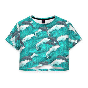 Женская футболка 3D укороченная с принтом Дельфины в Петрозаводске, 100% полиэстер | круглая горловина, длина футболки до линии талии, рукава с отворотами | dolphins | fish | ocean | pattern | sea | summer | waves | волны | дельфины | лето | море | океан | паттерн | рыбы