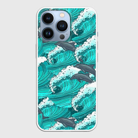 Чехол для iPhone 13 Pro с принтом Дельфины в Петрозаводске,  |  | dolphins | fish | ocean | pattern | sea | summer | waves | волны | дельфины | лето | море | океан | паттерн | рыбы