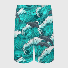 Детские спортивные шорты 3D с принтом Дельфины в Петрозаводске,  100% полиэстер
 | пояс оформлен широкой мягкой резинкой, ткань тянется
 | Тематика изображения на принте: dolphins | fish | ocean | pattern | sea | summer | waves | волны | дельфины | лето | море | океан | паттерн | рыбы