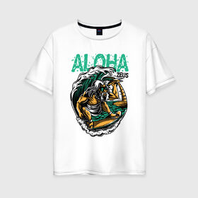 Женская футболка хлопок Oversize с принтом Алоха в Петрозаводске, 100% хлопок | свободный крой, круглый ворот, спущенный рукав, длина до линии бедер
 | для отдыха | для отпуска | доска | море | на доске | пальмы | пляж | серф | серфинг | солнце